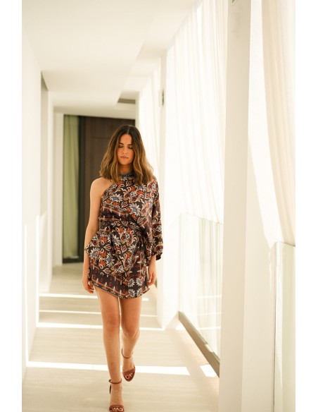 Ethnic print short dress with asymmetrical neckline