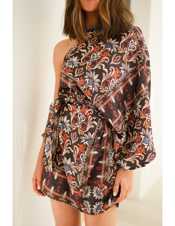 Vestido corto estampado étnico con escote asimétrico 2
