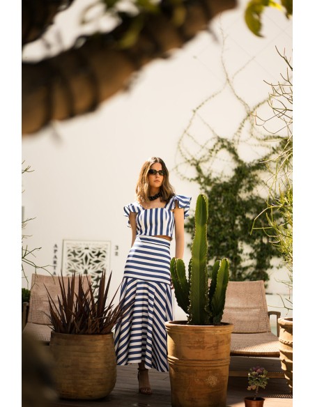 Falda midi de rayas con volante Falda midi de rayas con volante