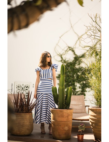 Falda midi de rayas con volante Falda midi de rayas con volante