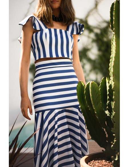 Falda midi de rayas con volante Falda midi de rayas con volante