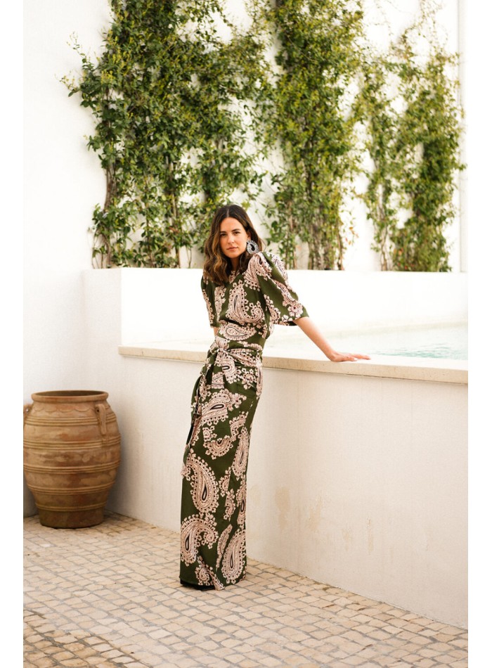 Green ethnic print long skirt with double knotting