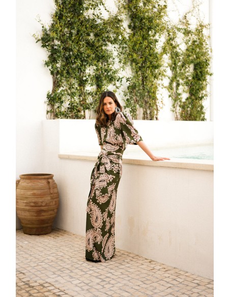 Falda larga estampado étnica verde para eventos especiales Falda larga estampado étnica verde para eventos especiales