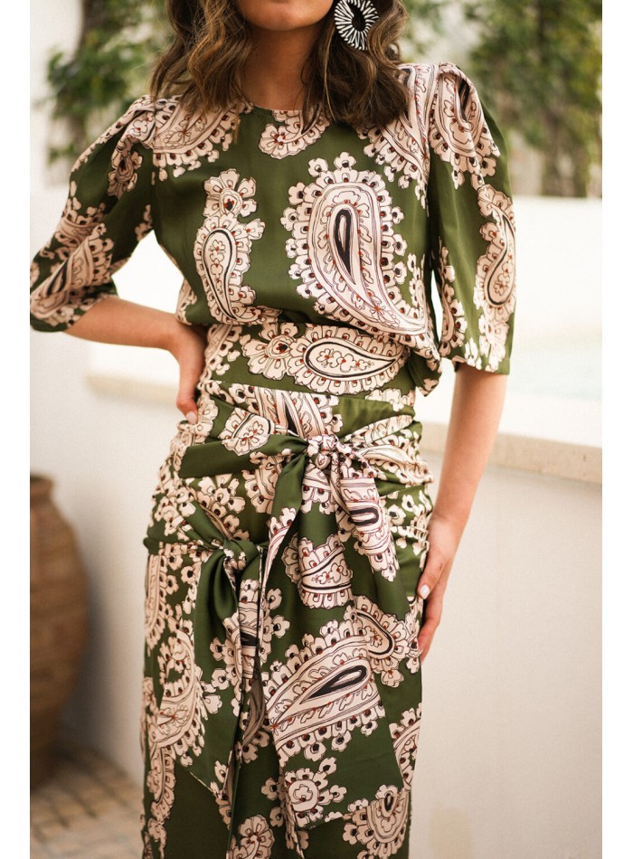 Green ethnic print long skirt with double knotting