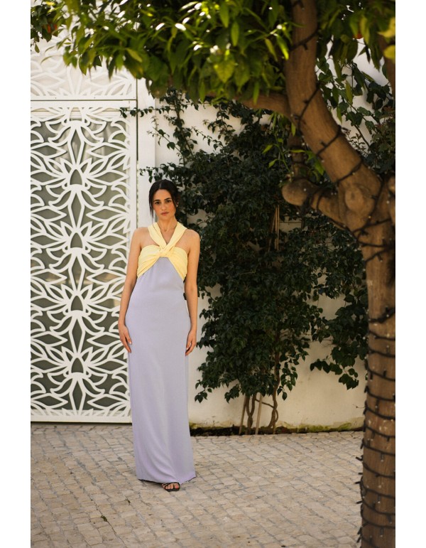 Bicolor party dress with knotted halter neckline 2