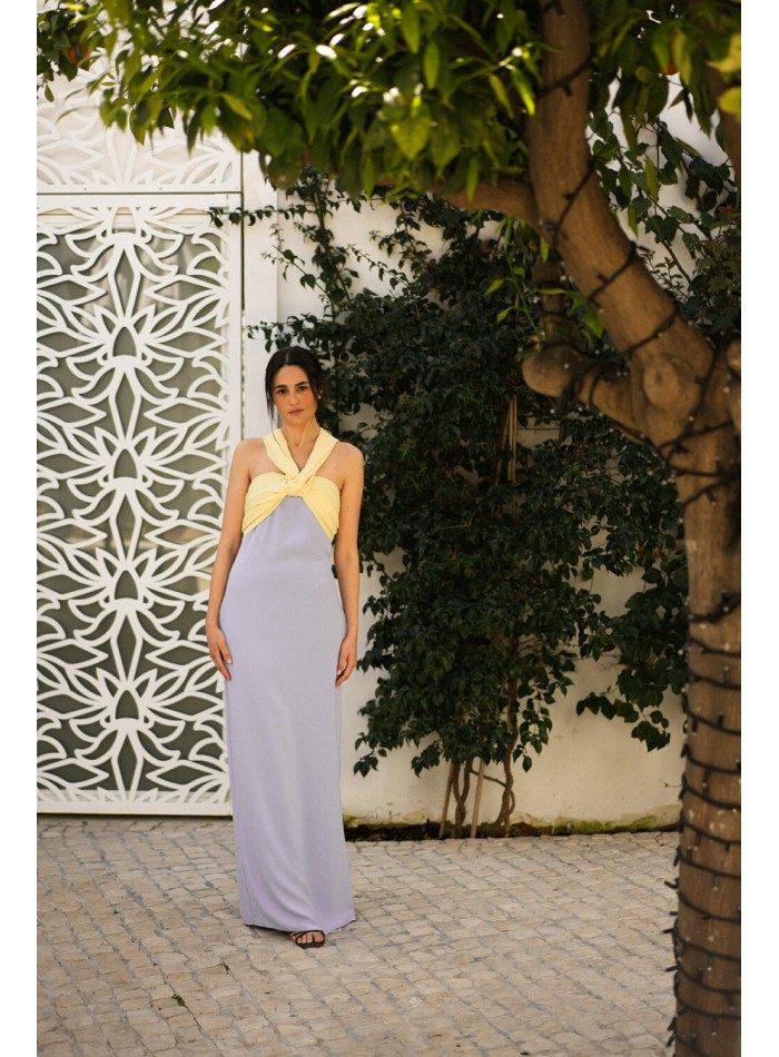 Bicolor party dress with knotted halter neckline
