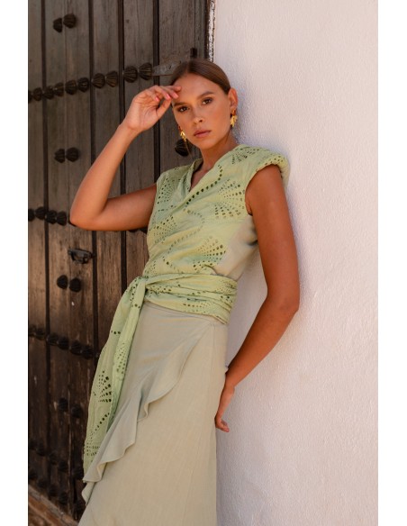 Green linen guest ensemble with wrap skirt