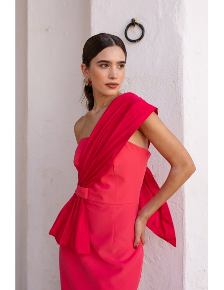 Deep pink midi guest dress with asymmetrical neckline