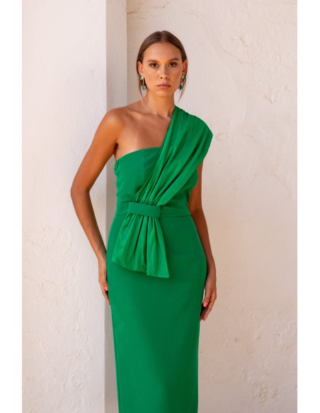 Asymmetrical pleated neckline green midi guest dress