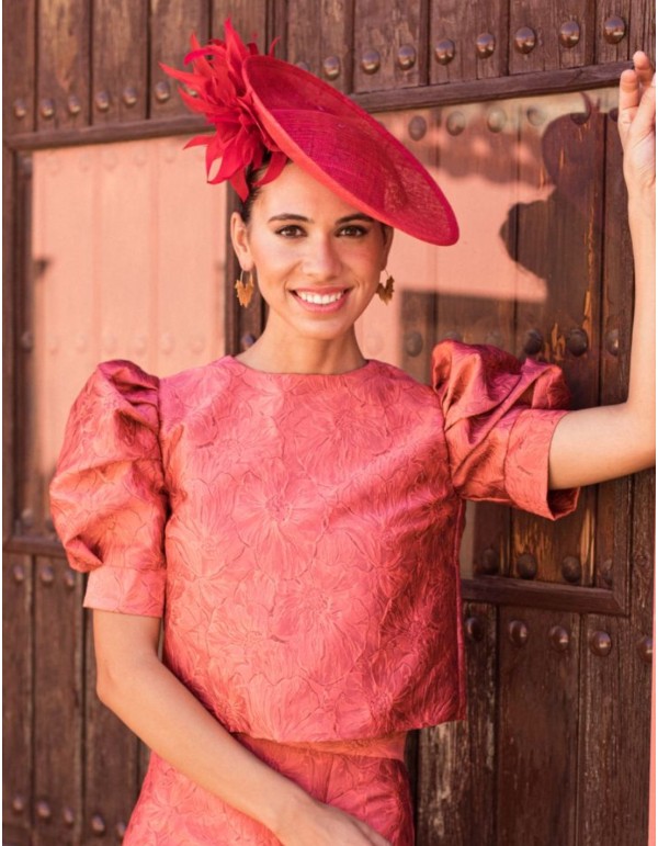 Floral coral brocade top with short puffed sleeves