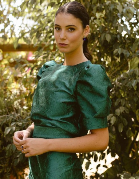 Top en brocart floral vert bouteille à manches courtes bouffantes