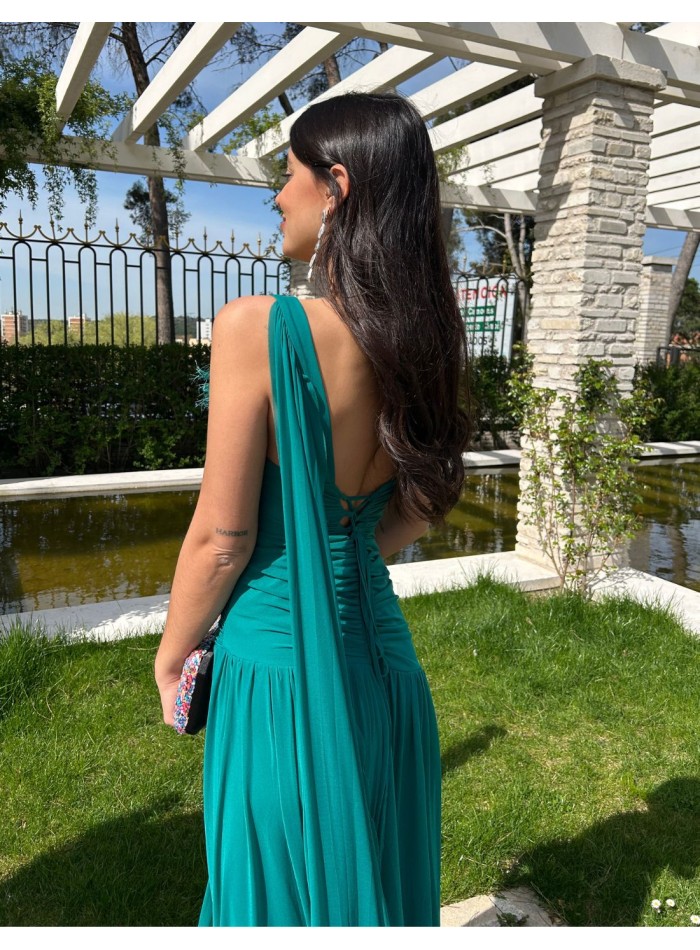 Long gown with draped bodice and cape sleeves