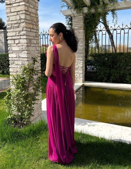 Long gown with draped bodice and cape sleeves