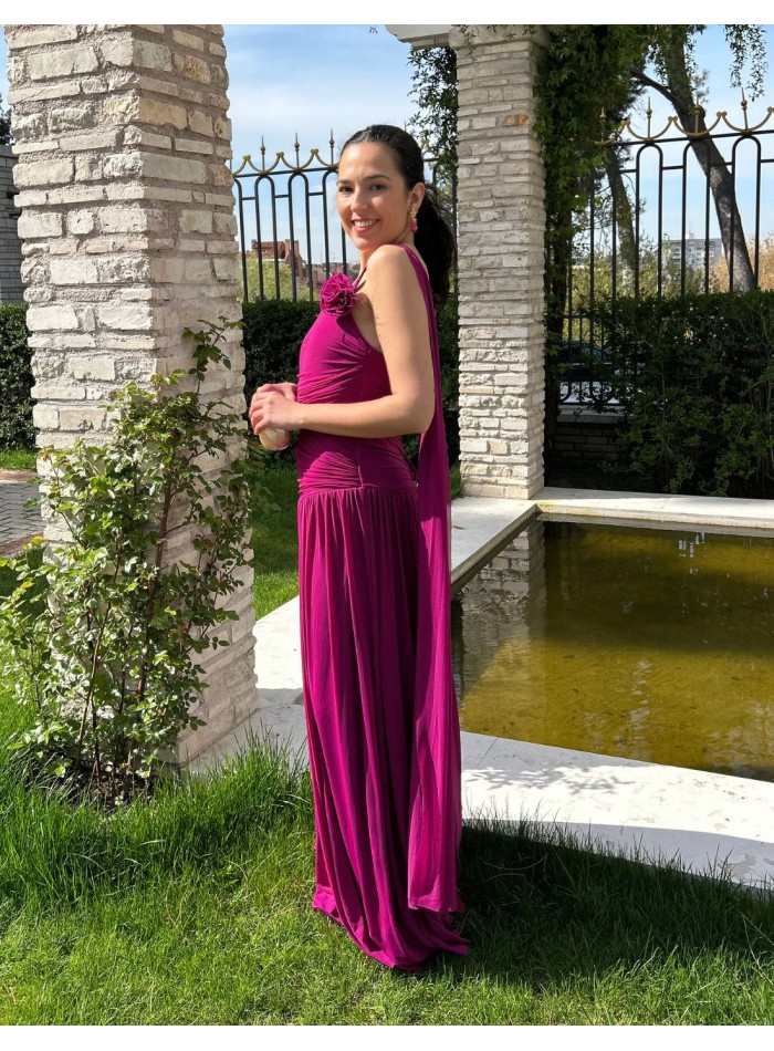 Long gown with draped bodice and cape sleeves