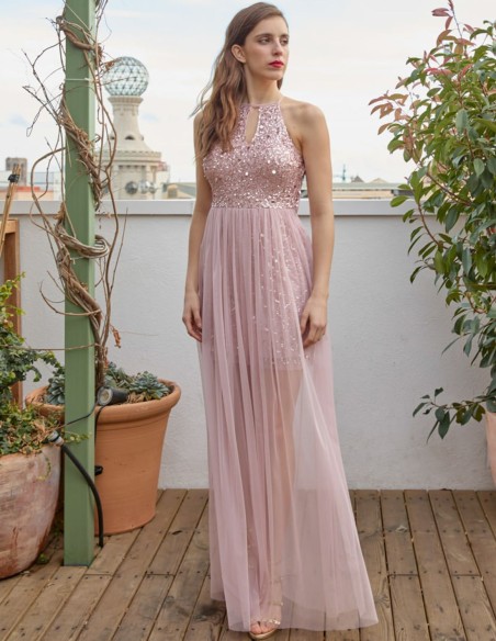 Vestido de fiesta largo con escote lágrima y sobrefalda Vestido de fiesta largo con escote lágrima y sobrefalda