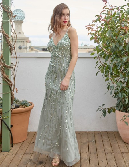 Vestido de fiesta menta con escote y lentejuelas