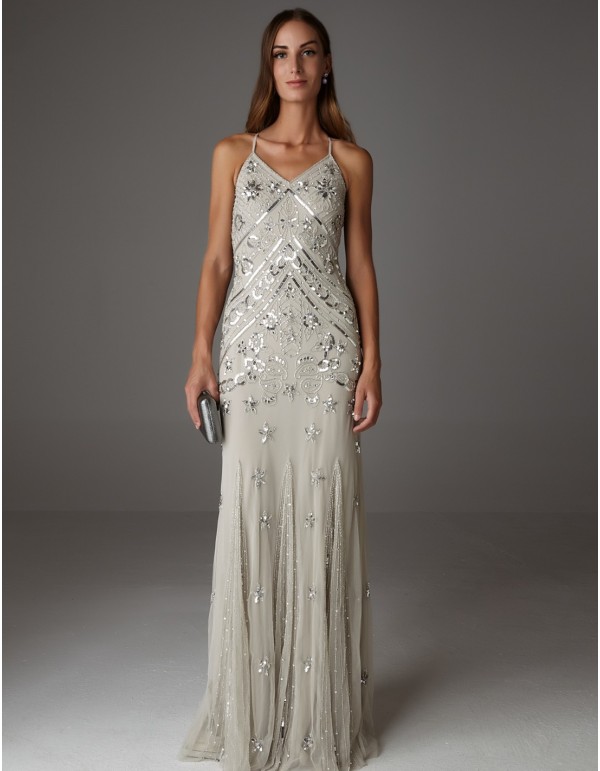 Vestidos largos de encaje y chiffon con tirantes finos Plata