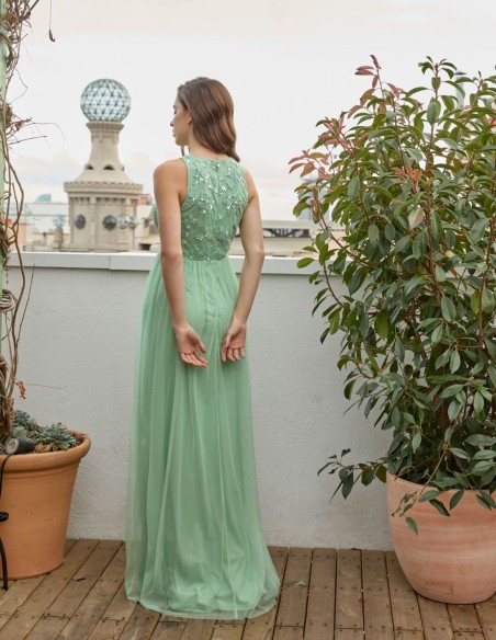 Long party dress with tulle skirt and rhinestones bodice