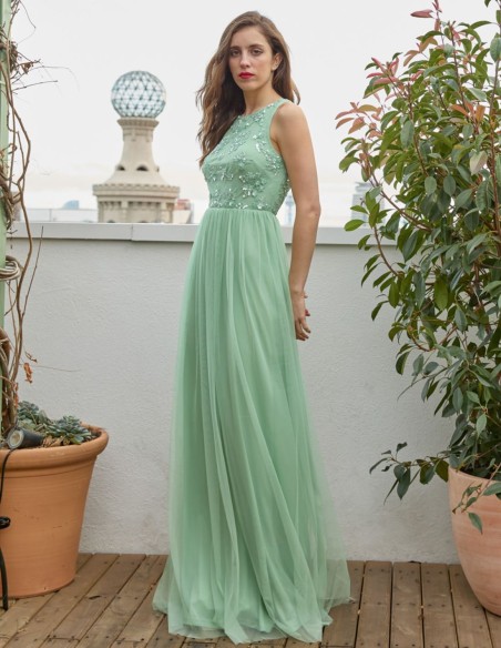Long party dress with tulle skirt and rhinestones bodice