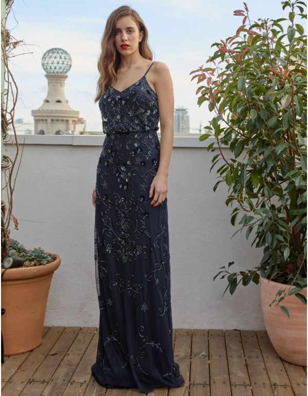 Robe de soirée longue avec paillettes et fleurs