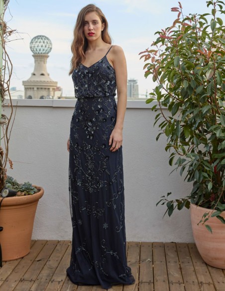 Long party dress with sequins and flowers