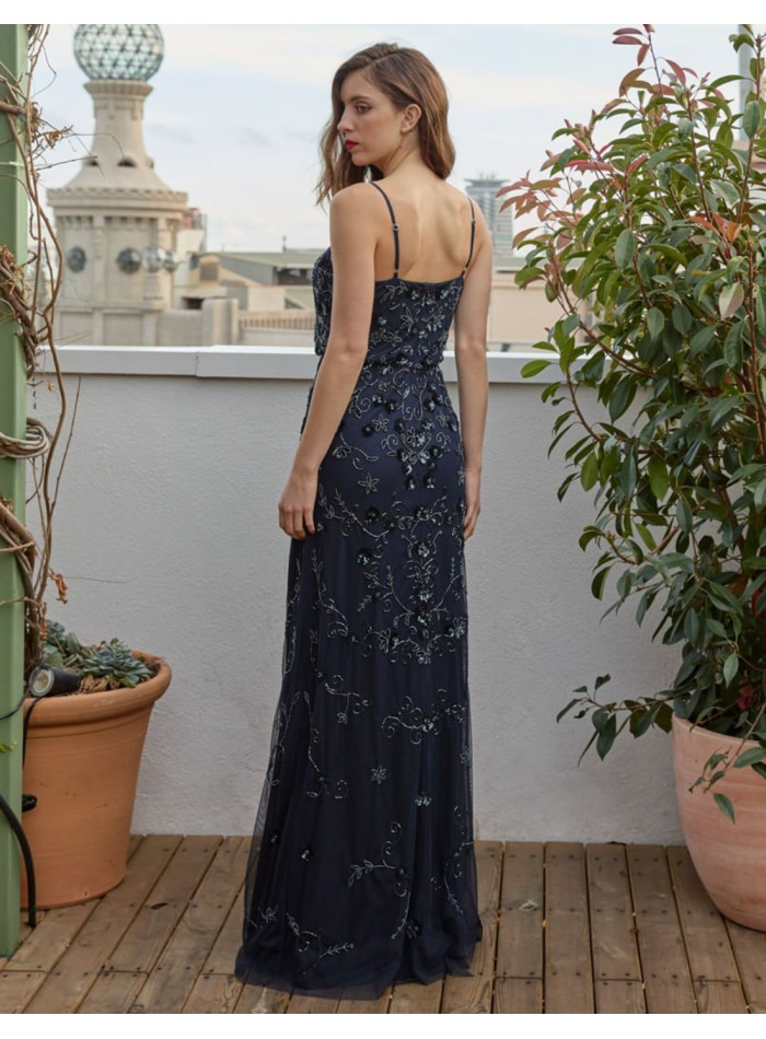 Long party dress with sequins and flowers