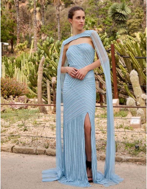 Strapless light blue long party dress with cape sleeves