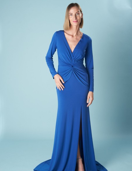 Long party dress with long sleeves and side slit