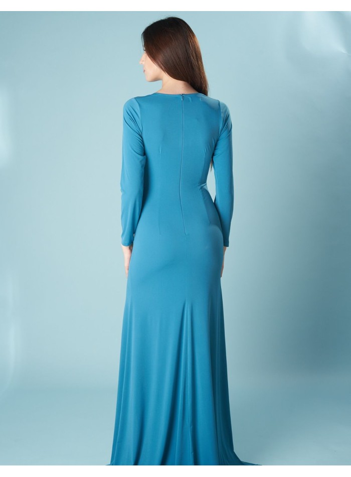 Long party dress with long sleeves and side slit