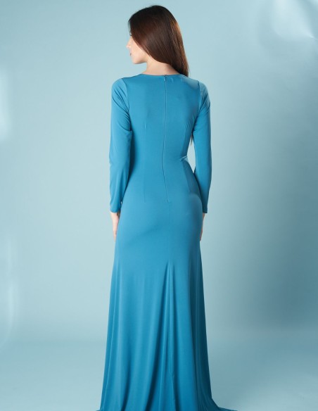 Vestido de fiesta largo con manga larga y abertura lateral azul petroleo Vestido de fiesta largo con manga larga y abertura lateral azul petroleo