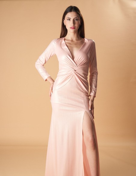 Vestido de fiesta largo con manga larga y abertura lateral rosa Vestido de fiesta largo con manga larga y abertura lateral rosa