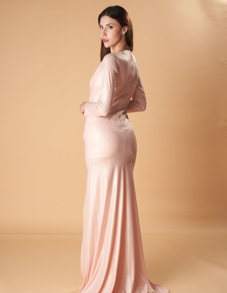 Vestido de fiesta largo con manga larga y abertura lateral rosa palo Vestido de fiesta largo con manga larga y abertura lateral rosa palo