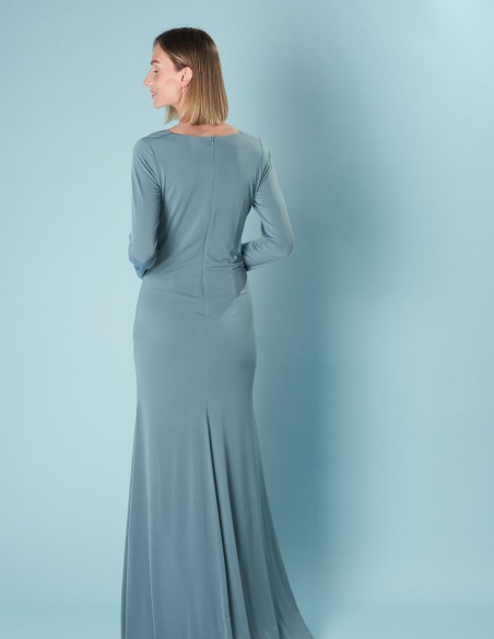 Long party dress with long sleeves and side slit