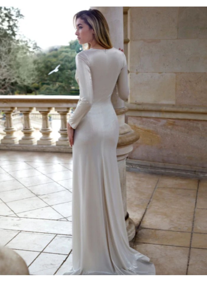 Long party dress with long sleeves and side slit