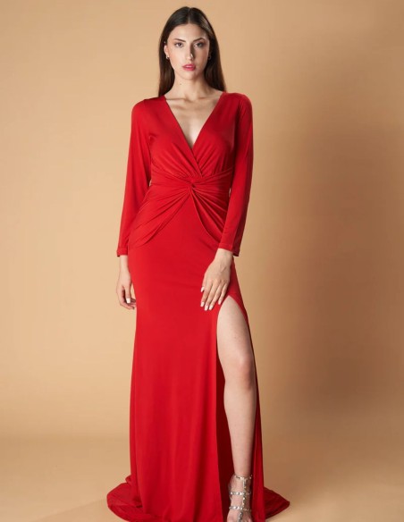 Vestido de fiesta largo con manga larga y abertura lateral rojo Vestido de fiesta largo con manga larga y abertura lateral rojo