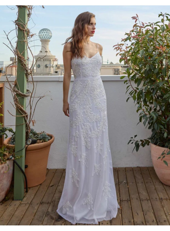 Long party dress with straps and rhinestones