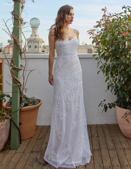 Long party dress with straps and rhinestones