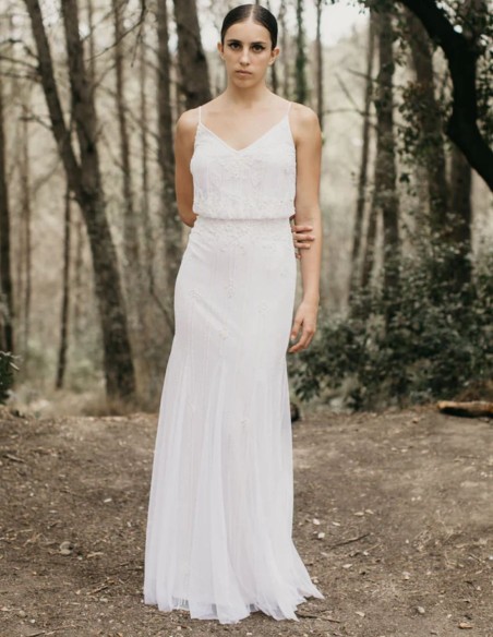 Long wedding dress with rhinestones and thin straps