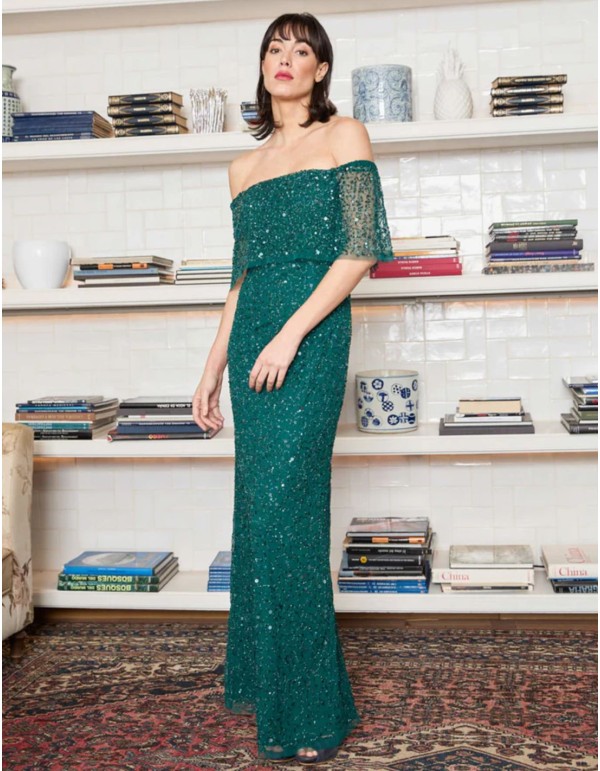 Long green party dress with bardot neckline and rhinestones