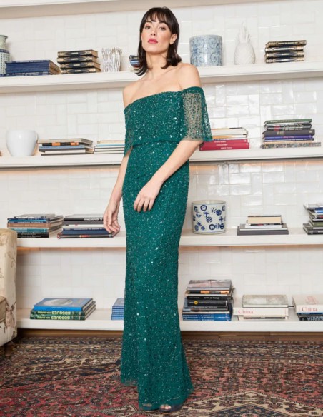 Longue robe de soirée verte avec encolure bardot et strass