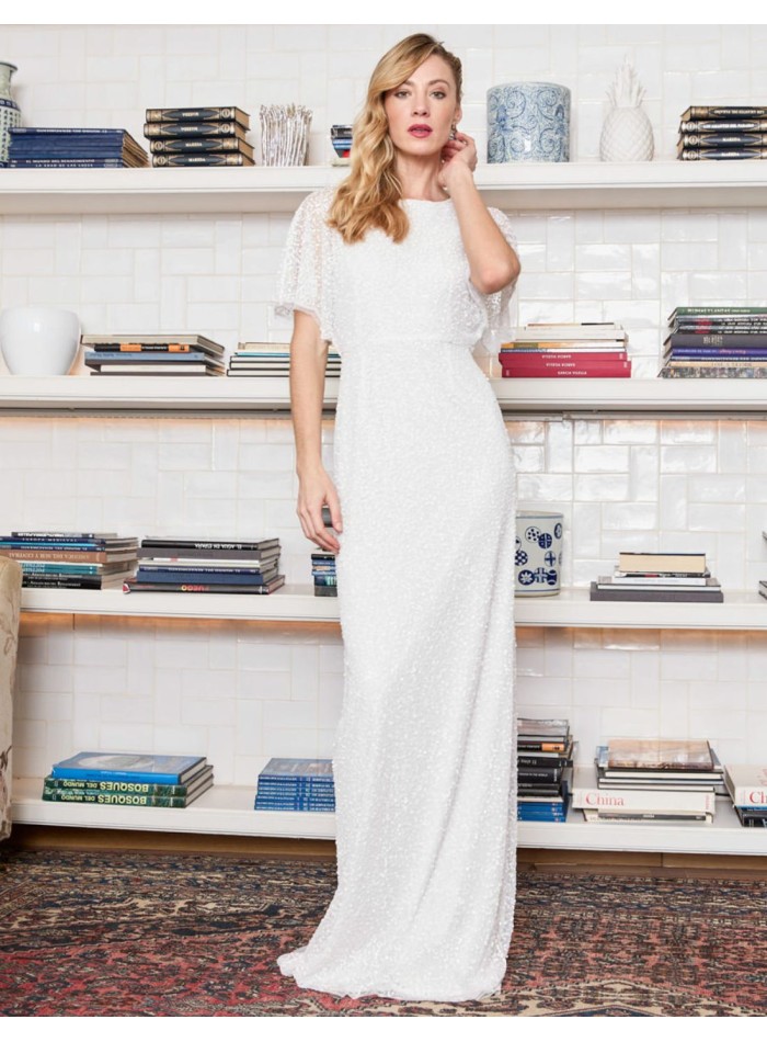 Vestido de fiesta largo con pedrería y manga corta para novia civil