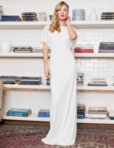 Robe de soirée longue avec strass et manches courtes