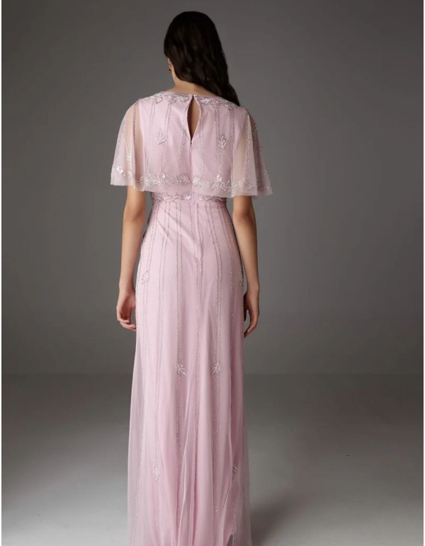 Long pink party dress with cape sleeves 2