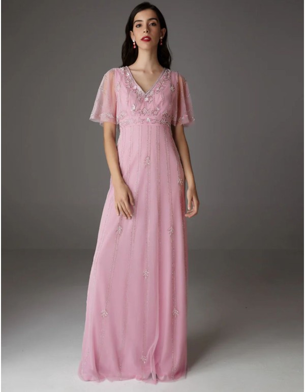 Long pink party dress with cape sleeves