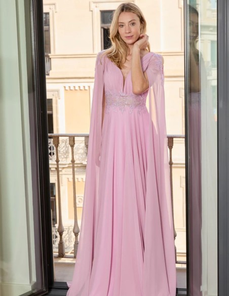 Long lavender party dress with cape sleeves and embroidery