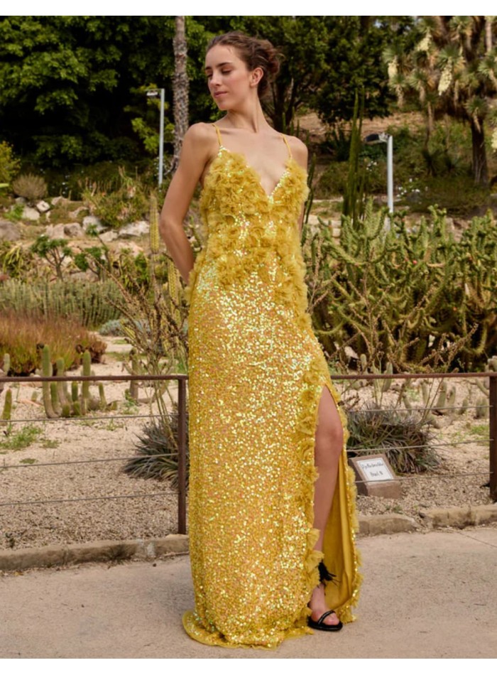 Longue robe de soirée jaune avec fleurs en...