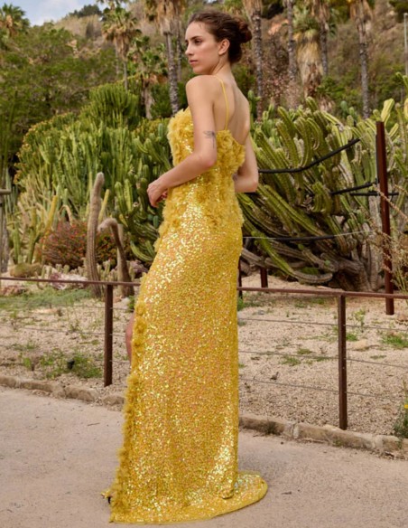 Long yellow party dress with tulle flowers and sequins