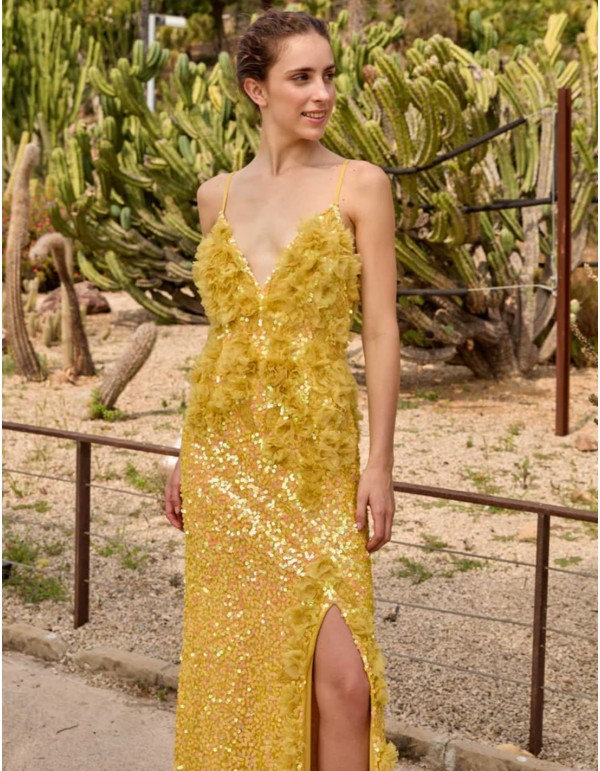 Long yellow party dress with tulle flowers and sequins