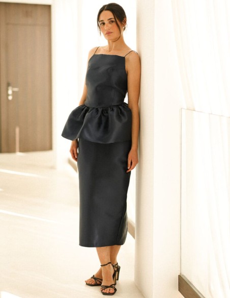 Navy blue satin midi skirt with slit