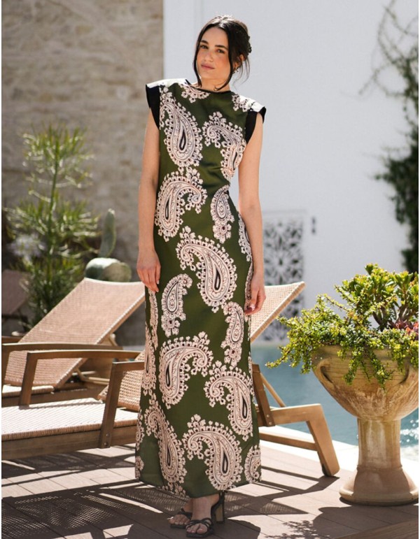 Khaki green long printed dress with shoulder pads
